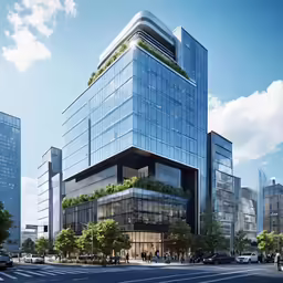 a tall blue building that is next to a street