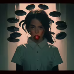 a woman in green shirt with red nose and hair