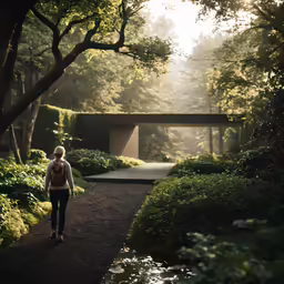 a woman walks through a small garden with a bridge in the background