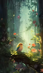 a bird sitting on a branch in a green, foggy forest,a little bird sitting on top of a mossy log