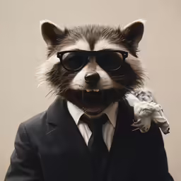 an evil raccoon wearing sunglasses on the shoulders of his suit