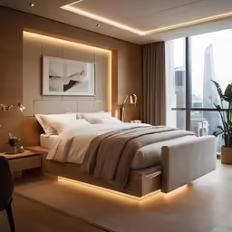 modern bedroom with bed lights and a large window