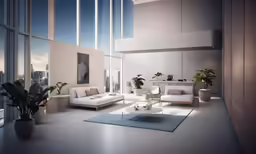 a large white couch in front of a window filled with plants