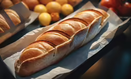 bread with rolls and oranges next to a plastic tray