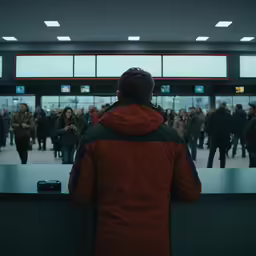 a person sitting on a counter with other people walking by