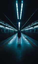 the silhouette of a person walking away from a subway station