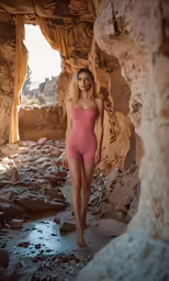 a woman standing next to a rocky cave