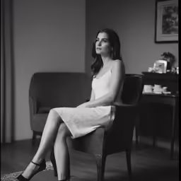 black and white photograph of woman in dress sitting on a chair