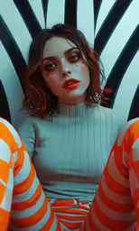 the girl is dressed in orange and white stripes