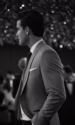 black and white photo of man wearing suit in front of large ceiling