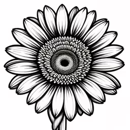 a large flower with long petals and a flower bud,an ink drawing of a sunflower, on a white background,a drawing of a large sunflower with many petals,sunflower drawing for beginners with black and white,a large sunflower drawing with the petals