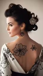 a woman with a very beautiful neck tattoo on her shoulder
