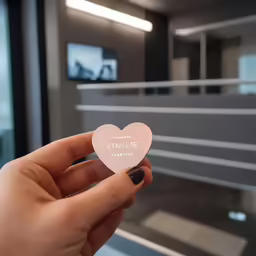 a hand holds up a white heart shaped card