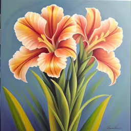 painting of three flowers in an unusual way with blue background,this is a painting of orange and yellow flowers,a painting of a yellow flower with leaves,a painting of orange and yellow flowers against blue background,a picture of a bright orange flower
