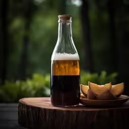 bottle with some liquid on top with apples near it