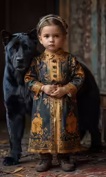 a dog and a girl in traditional renaissance costume