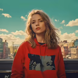 woman in red sweatshirt standing on rooftop over city
