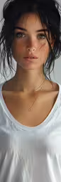 an artist rendering of a young woman wearing white,a woman in white shirt wearing a long chain necklace