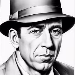 an ink drawing of a man wearing a hat