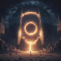 an abstract photo with a woman in front of a huge gate