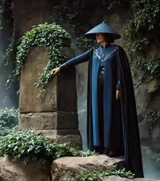 woman in costume with hood standing on ledge with leaves