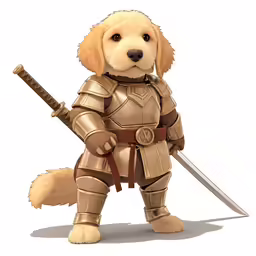 a cute little dog wearing armor and holding a sword