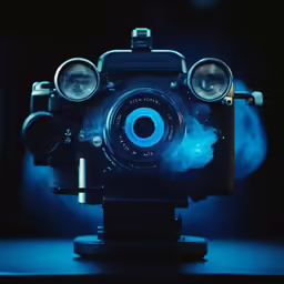 a large camera with two fog - filled lenses on a table