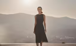 a woman is walking down a mountain overlooking the town