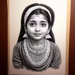 a portrait of a little girl wearing some traditional jewellery