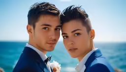 a man and woman in suits posing for a photo near the water