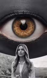 a woman standing in front of a large eye