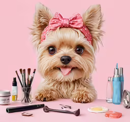 a small dog that is laying down by some makeup