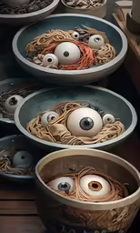 there are three bowls with noodles and eyes