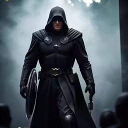 a man dressed in black stands on a stage