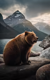 the brown bear is perched on the rock near the water