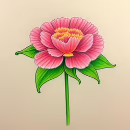 a flower drawing done on top of colored paper,a beautiful pink flower with green leaves,a drawing of a pink flower with leaves,a flower drawn with colored markers on a white sheet,a hand painted flower with green leaves