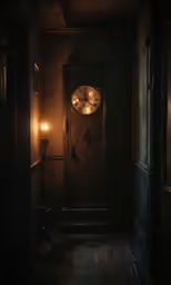a dark hallway with a clock on the door