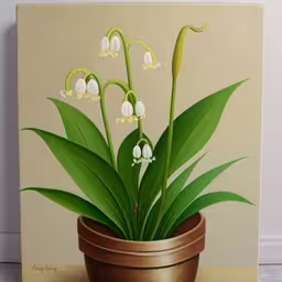 a painting of a green potted plant with white flowers,a painting of a flower pot with white blooms in it,a flower pot with plants painted on the wall,painting with flower pot and painting board on table,a painting on canvas of a potted plant