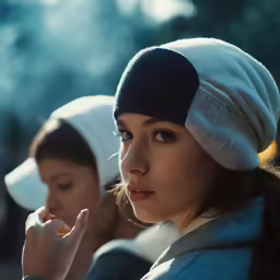 two young women are wearing knit hats