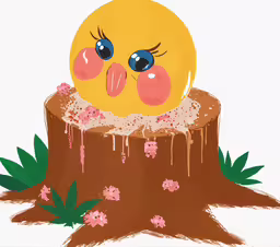 a little yellow bird with its head in a tree stump,the yellow bird is inside of the tree stump