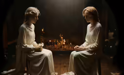 two women sitting next to each other in front of a fire place