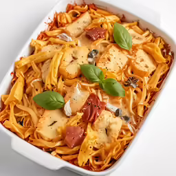 a white dish with pasta, meat and basil