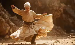an older woman in a long dress doing a dance move