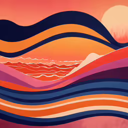 a painting with abstract waves painted in a sunset,a painting of waves and a bright sunset