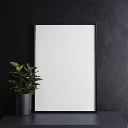 a black shelf with a white frame on it
