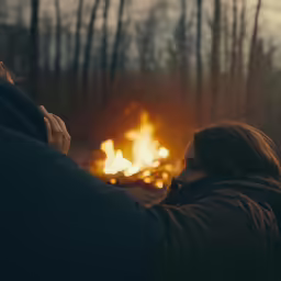 two people are in front of a fire
