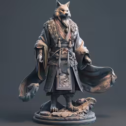 a figure of a wolf is displayed in front of a gray background,a statue of an old chinese warrior with a bear on it
