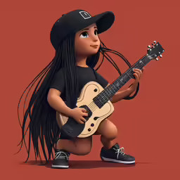 a cartoon character with long hair sitting and holding a guitar