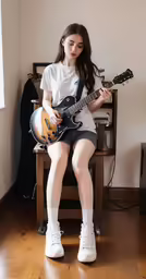 a woman with a white shirt and black dress sits in front of a brown guitar