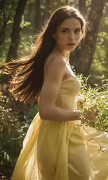 a young woman in a yellow dress holding flowers